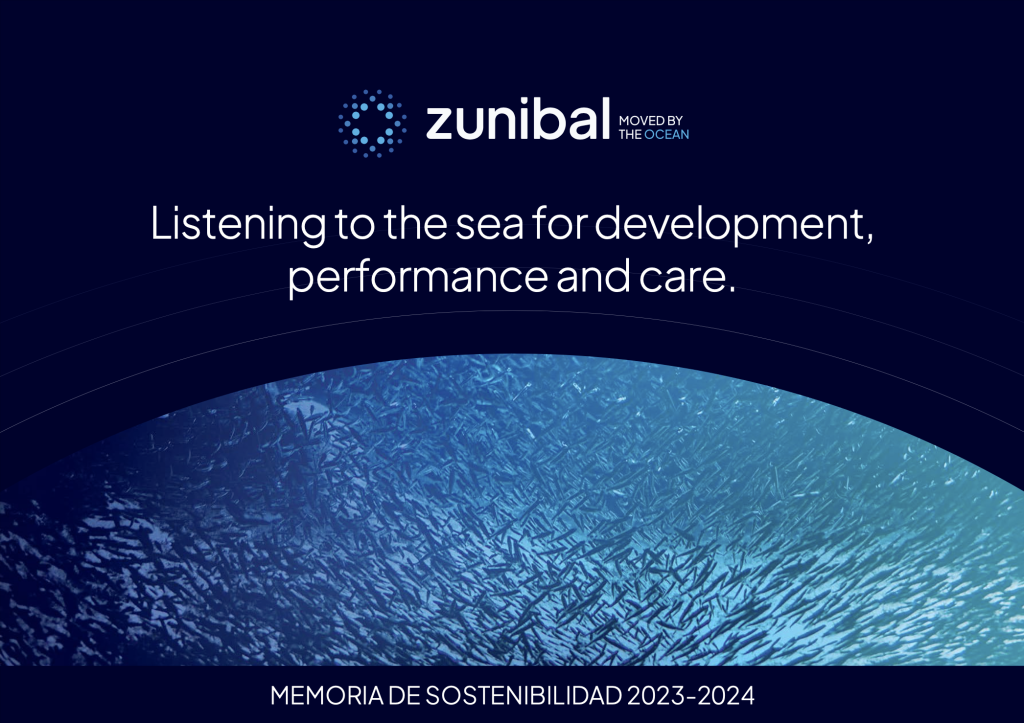 Cover of Zunibal's first Sustainability Report 2023-2024, highlighting responsible fishing and technological innovation.